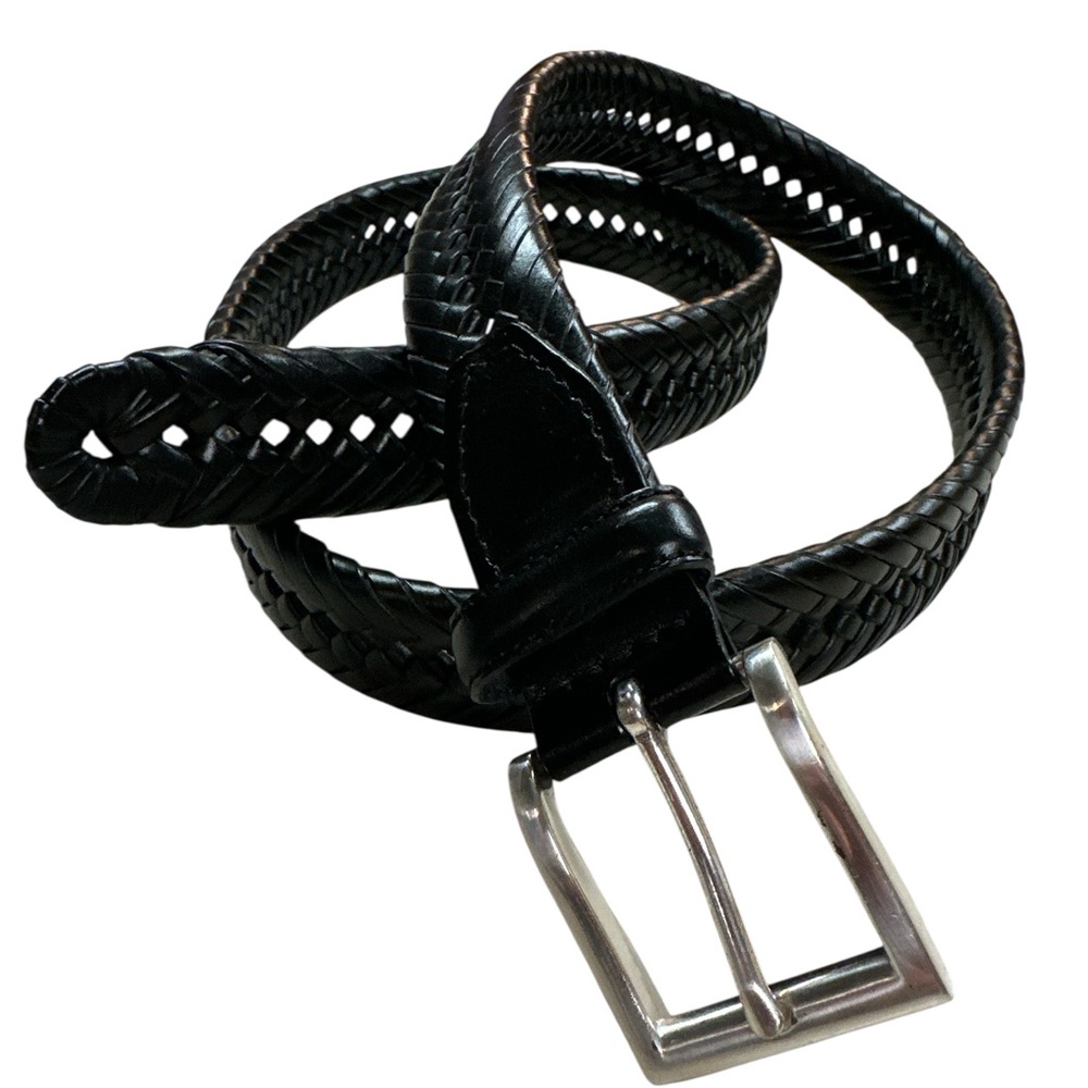 Bonded Leather Black Braided Belt W Silver Square Buckle EUC Size 40